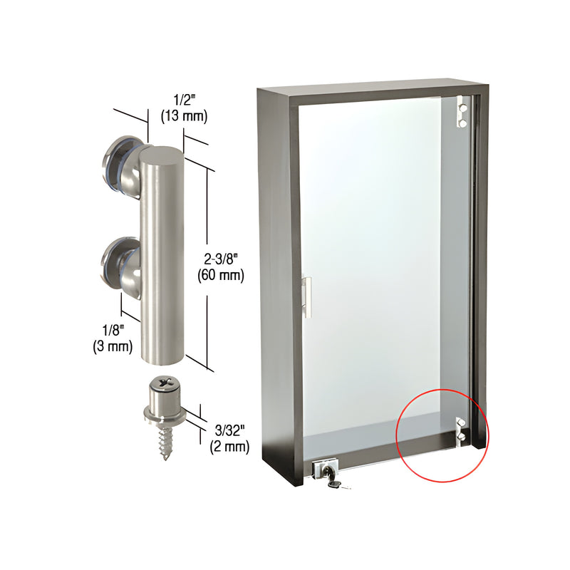 A technical diagram showing brushed stainless steel pivot hinges installed on a glass cabinet door with dimensions and mounting hardware.