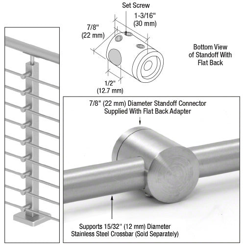 A technical diagram and close-up view showing a 7/8-inch brushed stainless steel center standoff connector attached to a railing crossbar.