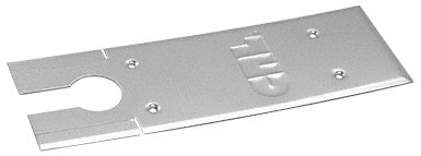 A rectangular brushed stainless steel cover plate for an 8400 series floor mounted closer featuring a circular cutout and embossed logo.