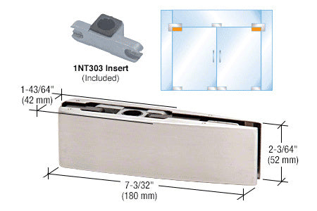A brushed stainless steel curved top door patch fitting shown with its included 1NT303 insert and a diagram of its installation on glass doors.