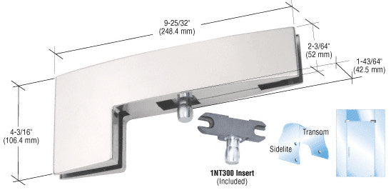 A technical diagram showing the CRL brushed stainless steel curved patch fitting with its included 1NT300 insert and mounting dimensions.