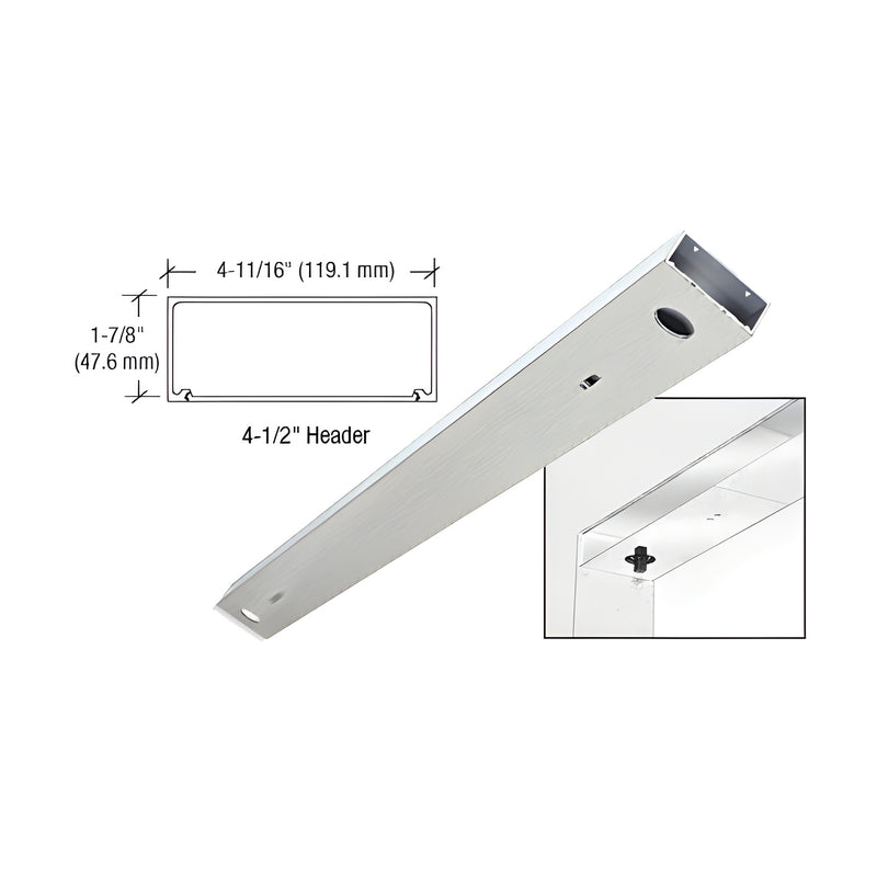 A brushed stainless steel double door header shown with a technical profile diagram and a close-up of the mounting hardware.