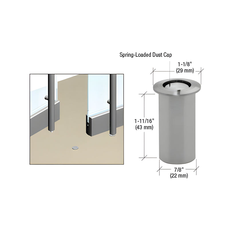 A technical diagram showing a brushed stainless steel dust proof keeper with a spring-loaded cap and its installation context in a glass door floor track.
