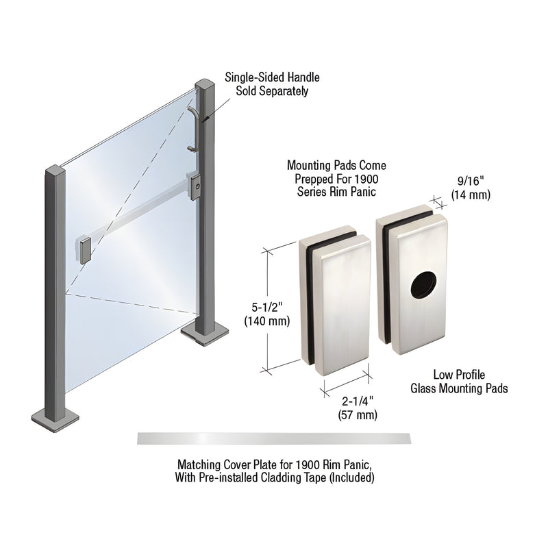 A technical diagram showing brushed stainless steel low profile glass mounting pads for 1900 series rim panic door hardware.