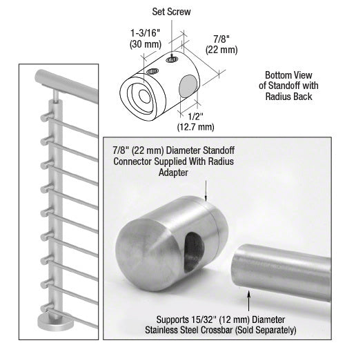 A technical diagram and product photo showing a 7/8-inch diameter brushed stainless steel left end standoff connector with a radius back for railing systems.