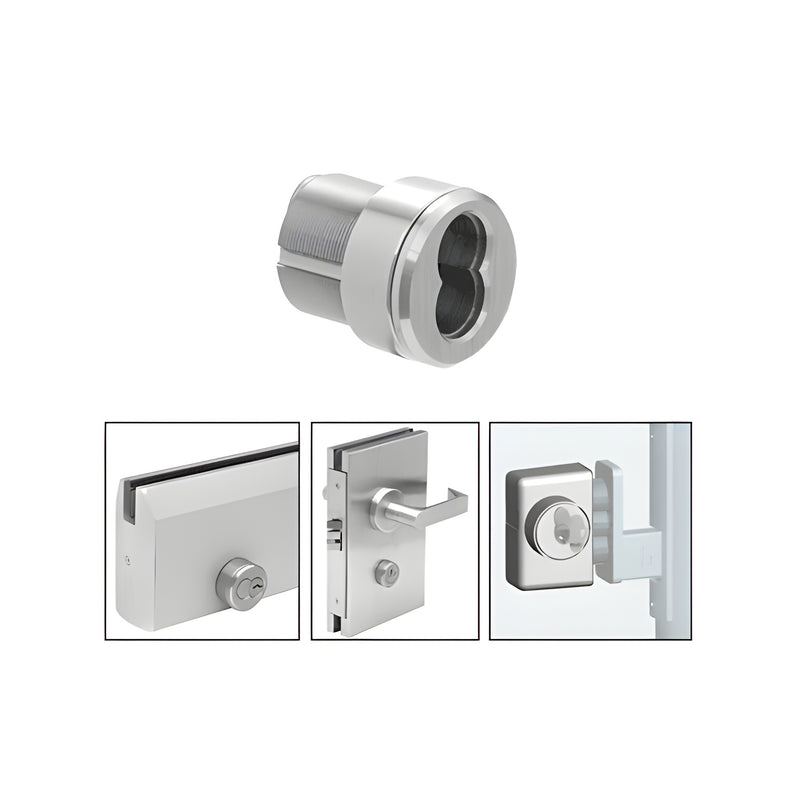 A brushed stainless steel mortise housing for 7-pin SFIC cores shown individually and installed in various commercial door hardware applications.