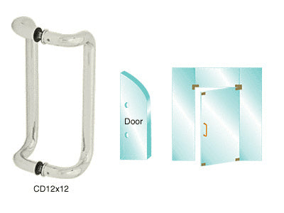 A brushed stainless steel offset pull handle shown with a diagram illustrating its back-to-back mounting on a glass door.