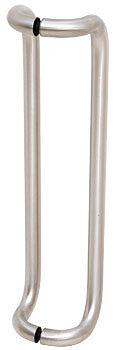 A brushed stainless steel offset pull handle designed for glass door mounting.