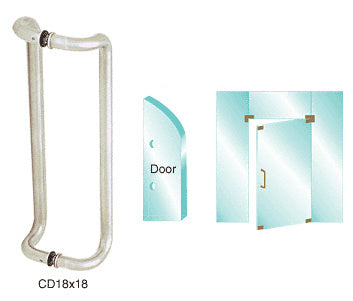 A brushed stainless steel offset pull handle shown with mounting diagrams for glass door installation.