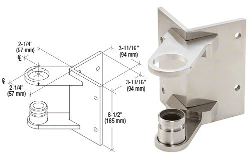A 90-degree brushed stainless steel outside corner fascia mount bracket shown alongside a technical line drawing with dimensional measurements.