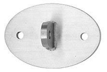 A top-down view of a brushed stainless steel oval mounting plate with two screw holes and a central attachment point for 12mm glass.