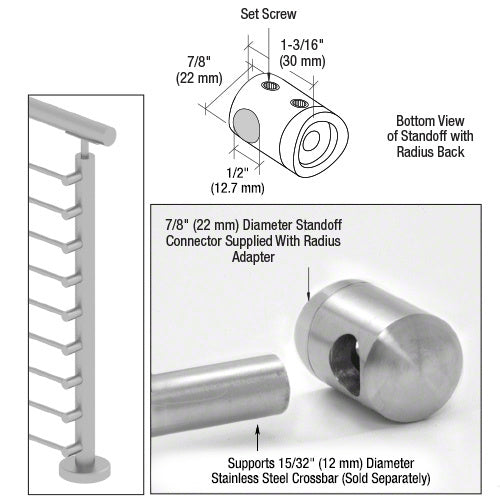 A technical diagram and product photo showing a 7/8-inch diameter brushed stainless steel right end standoff connector with a radius back.