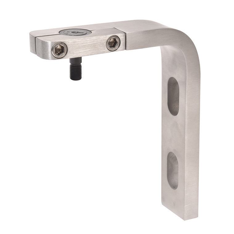 A right-hand brushed stainless steel pivot bracket designed for recess mounting applications.