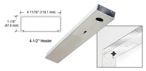 A brushed stainless steel single door header shown with technical profile diagrams and a close-up of the mounting hardware.
