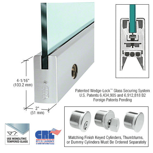 A 41-inch brushed stainless steel square door rail for 1/2-inch glass showing the locking cylinder prep and Wedge-Lock securing system.