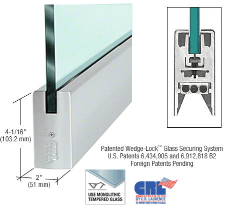 A 41-inch brushed stainless steel square door rail shown with a glass panel and a cross-section diagram of the Wedge-Lock securing system.