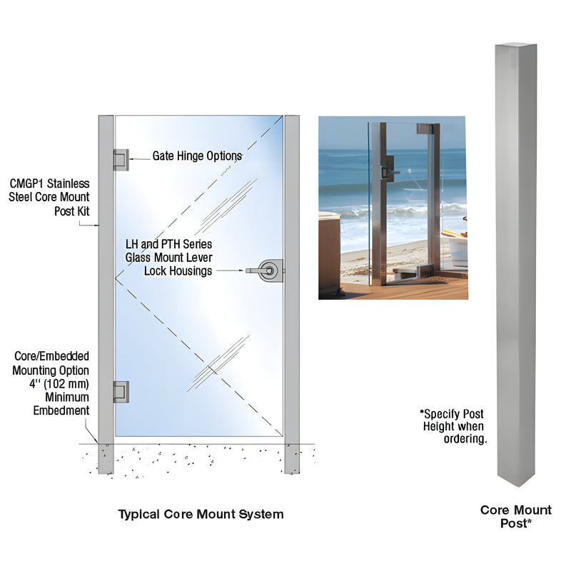 A technical diagram and photo showing a brushed stainless steel core mount post kit used for installing glass gates.