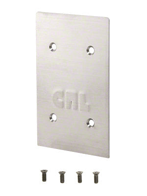 A rectangular brushed stainless steel end cap for 8B series base shoes with four mounting holes and four included screws.