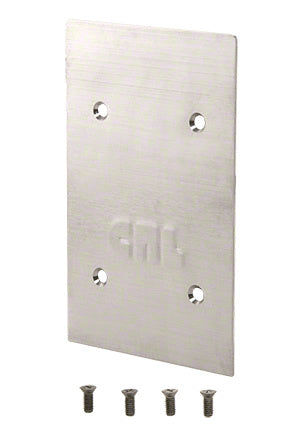 A rectangular brushed stainless steel end cap for 9BL68 series base shoe shown with four matching mounting screws.