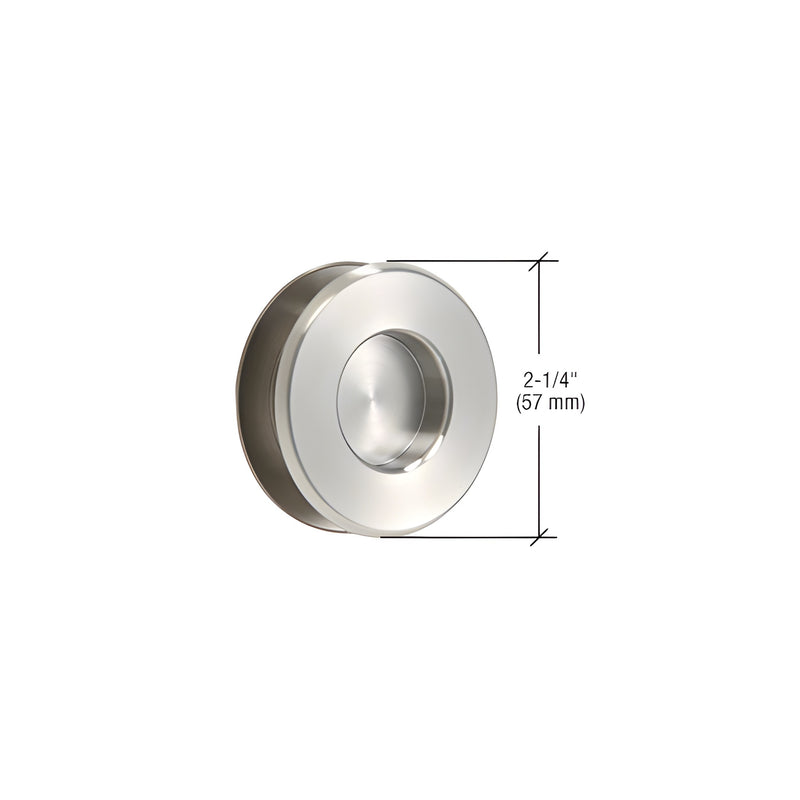 A circular brushed stainless steel thru-glass pull handle with a 2-1/4 inch diameter measurement shown.