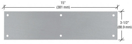 A technical diagram shows the rectangular brushed stainless steel push plate with pre-drilled holes and dimensions of 3-1/2 inches by 15 inches.