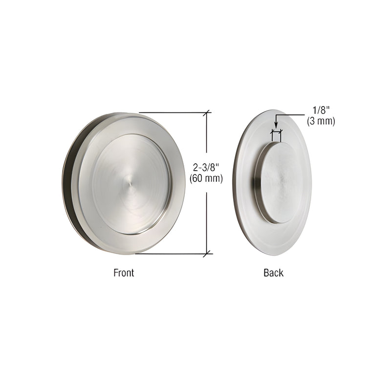 Front and back views of the round brushed stainless steel UV pull for sliding glass doors, displaying a 2-3/8 inch outside diameter.