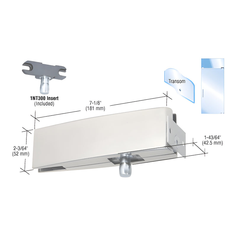 A technical diagram shows the CRL brushed stainless steel curved wall mount transom patch with its included 1NT300 insert and dimensional measurements.