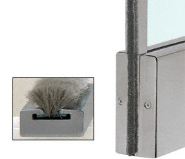 A close-up view of a brushed stainless steel weatherstrip kit featuring a dense brush seal inside an aluminum channel for a 2-inch square rail.