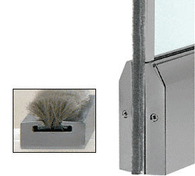 A close-up view of a brushed stainless steel weatherstrip kit featuring a gray brush seal installed in an aluminum channel for a tapered rail.