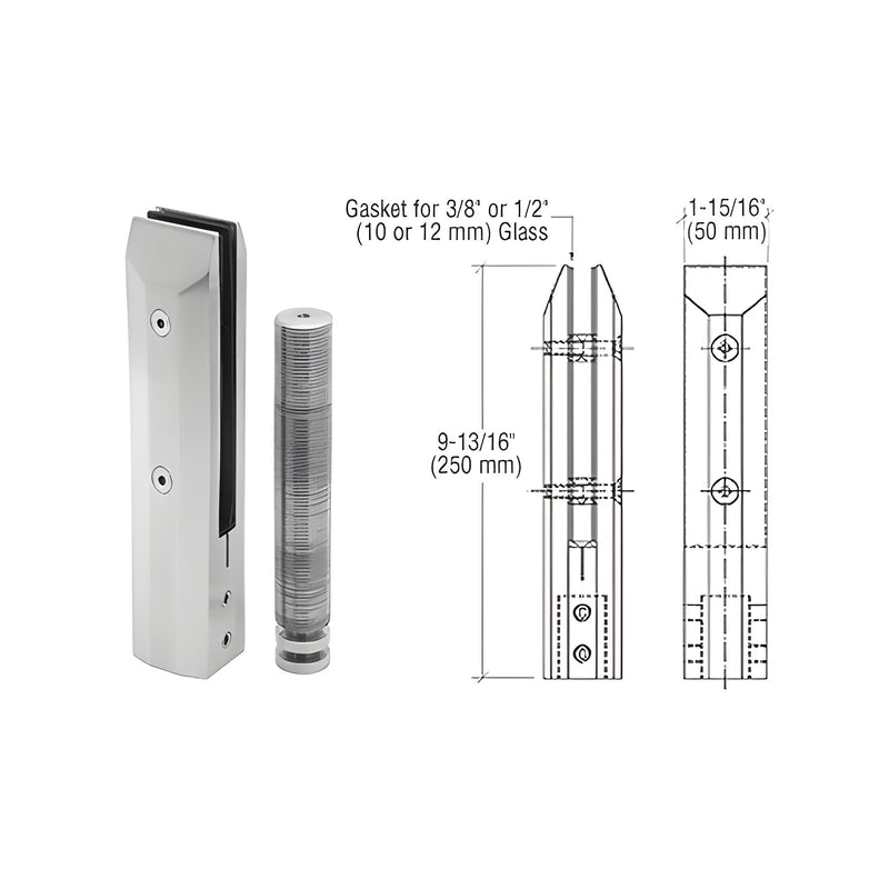 A brushed stainless steel core mount windscreen clamp shown next to its technical dimensioned line drawing.