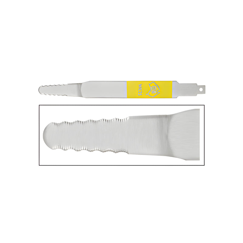 A close-up view of the CRL BTB serrated universal blade showing the metal cutting edge and the yellow branded handle section.