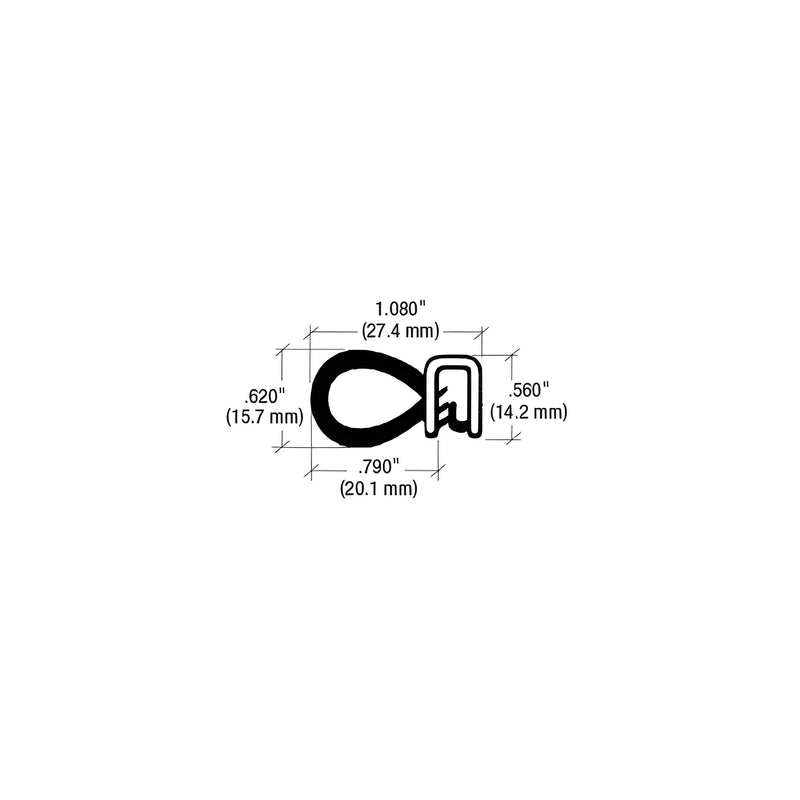 A technical cross-section diagram showing the dimensions of the black bulb trim seal with a flexible wire core.