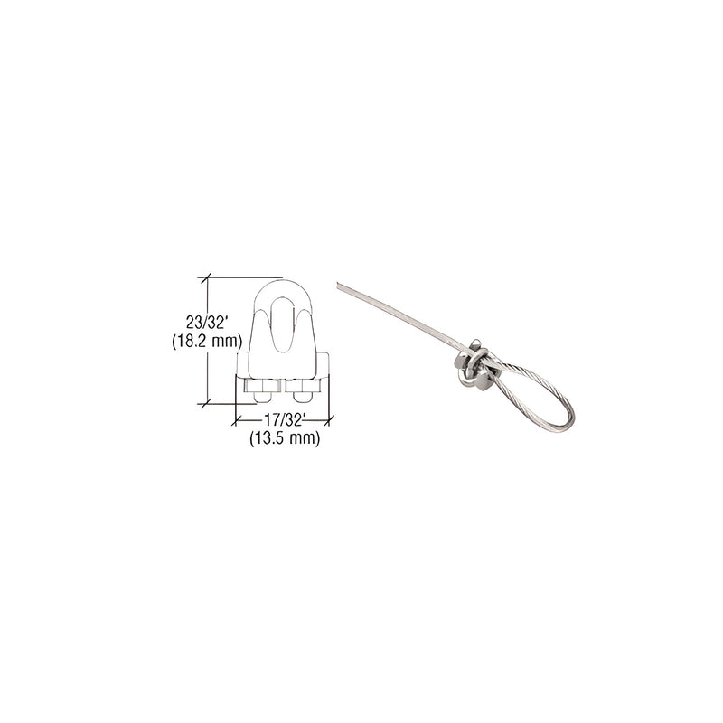 A technical diagram and a photo showing the aluminum cable loop securing clamp forming a loop in a metal cable.