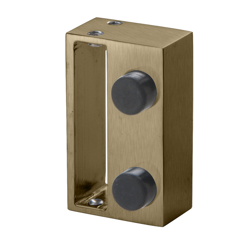 A rectangular brushed bronze replacement stopper for a Cambridge sliding shower door system featuring two black rubber bumpers.