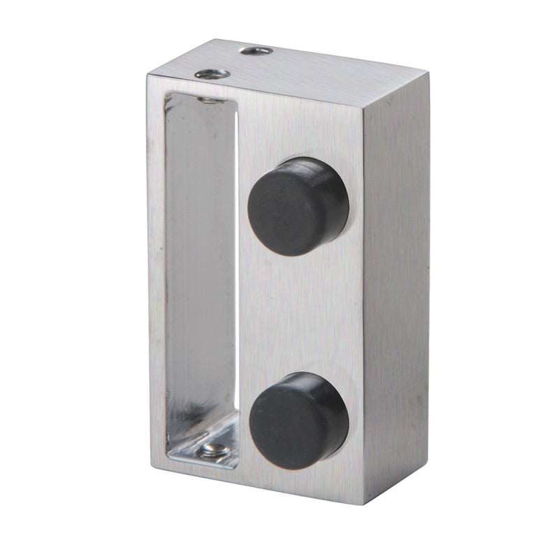 A brushed stainless steel replacement stopper for the Cambridge sliding shower door system featuring two black rubber bumpers.