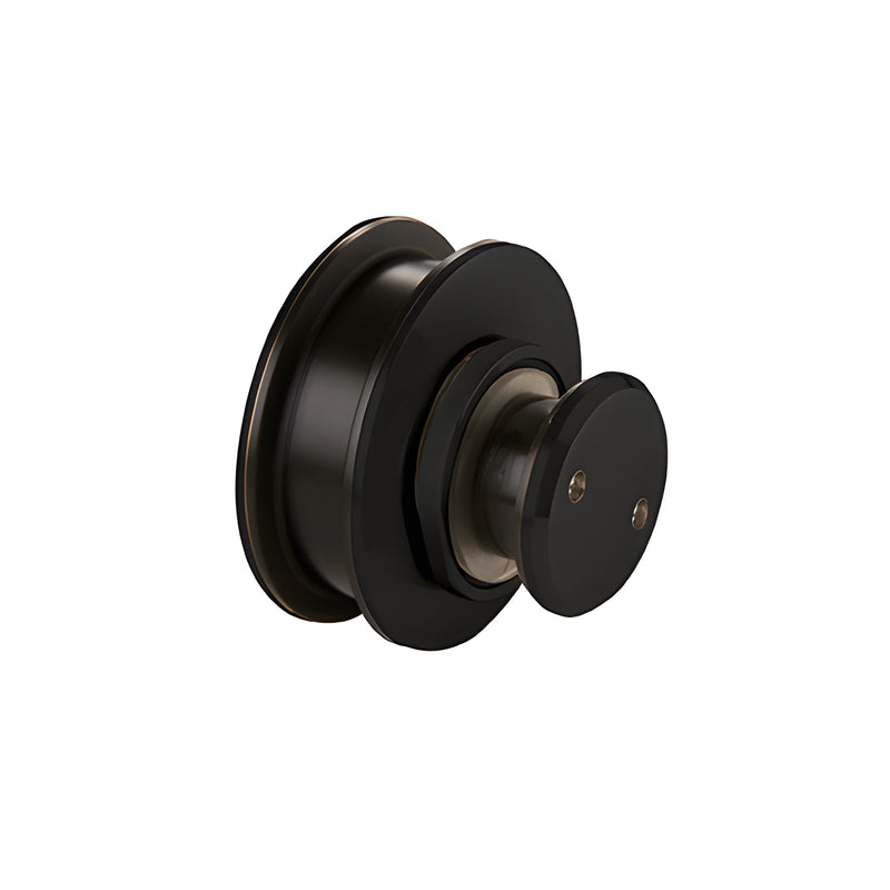 A close-up view of a matte black stainless steel replacement roller for a Cambridge sliding shower door system.