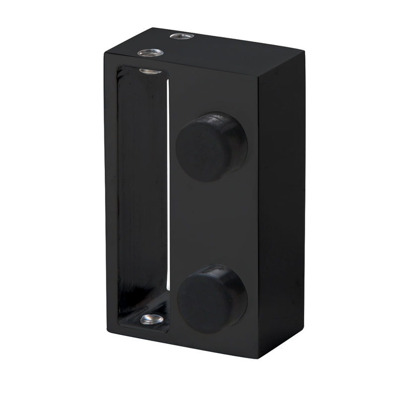 A rectangular matte black stainless steel stopper for a Cambridge sliding shower door system featuring two rubber bumpers.
