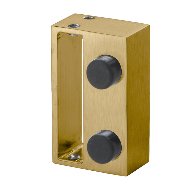A rectangular satin brass replacement stopper with two black rubber bumpers for a Cambridge sliding shower door system.