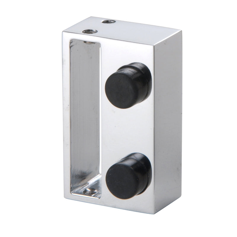 A rectangular polished stainless steel replacement stopper for a Cambridge sliding shower door system featuring two black rubber bumpers.