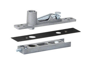 A center-hung top pivot set for aluminum storefront doors shown with its mounting hardware and components.