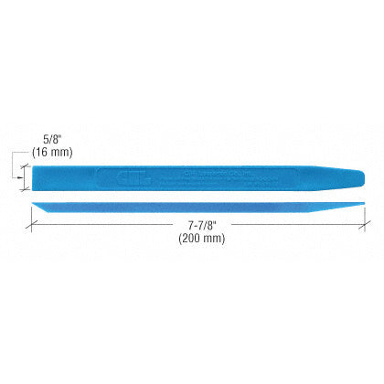 A blue plastic CRL chisel end stick tool shown from top and side views with 7-7/8 inch length and 5/8 inch width dimensions.