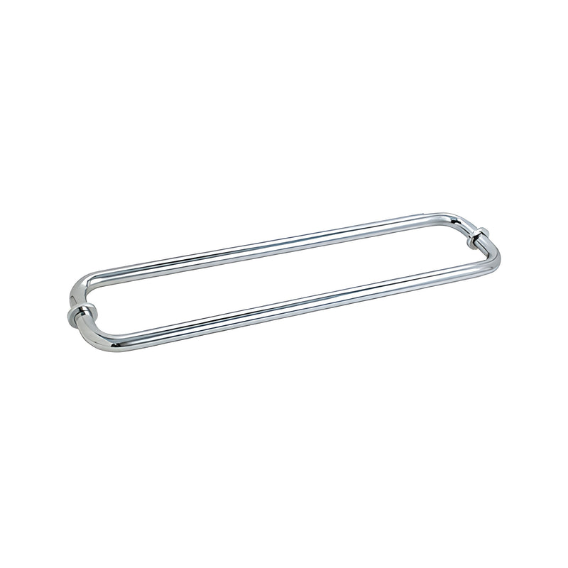 A polished chrome 20-inch back-to-back tubular handle with metal washers designed for glass mounting.