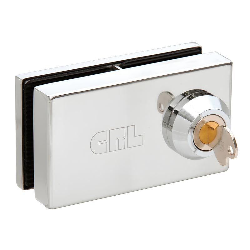 A polished chrome CRL patch lock for 1/2 inch glass doors shown with a key inserted.