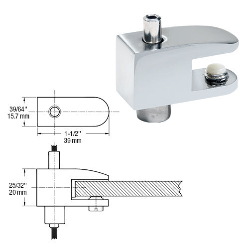 A polished chrome brass fixed single shelf bracket for cable display systems shown with its technical dimensional line drawings.