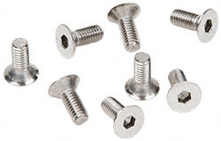 A group of eight stainless steel flat head screws with hex drive sockets and a polished chrome finish.