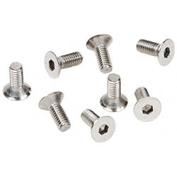 A collection of M6 polished chrome flat head screws with hex drive sockets.