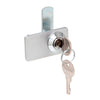 A polished chrome keyed alike cam lock with keys attached, shown against a white background.