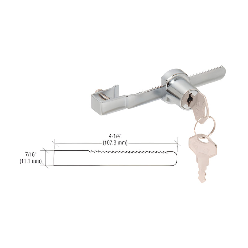 A polished chrome aluminum sliding glass door lock with a key inserted and a technical dimension diagram showing a 4-1/4 inch length.