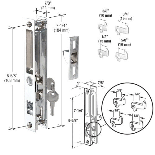 A chrome keyed flush mount handle set with four interchangeable hooks and dimensional technical drawings.