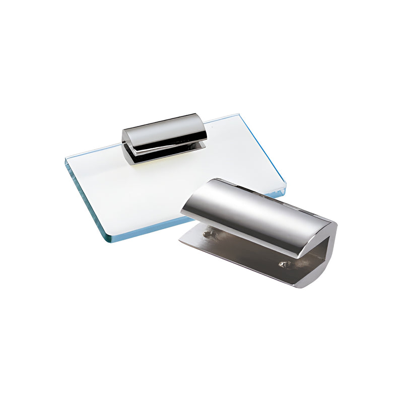 A polished chrome no-drill shelf clamp is shown mounted on a piece of 3/8-inch glass alongside a second loose clamp.